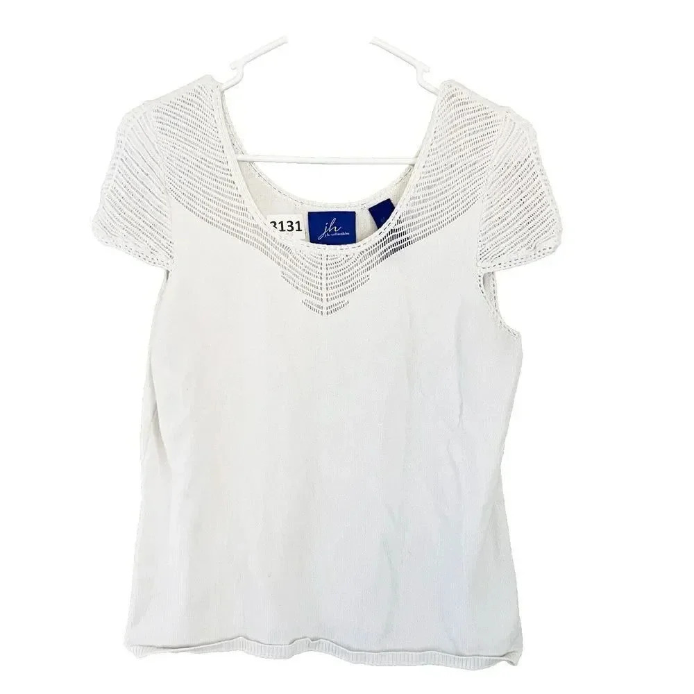 JH Collectibles Women White Blouse Large Crochet Knit Minimalist Capsule Classic - Picture 1 of 9